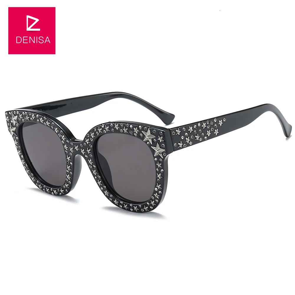 Black Gray DENISA Star шипованные кошачий глаз солнцезащитные очки женские модные черные солнцезащитные очки с серебряными звездами женские солнцезащитные очки Роскошные очки G5700 - Цвет линз: Black Gray