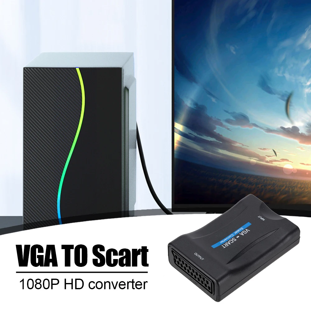 

1080P VGA to SCART Video Audio Converter Adapter Digital Video Audio TV Signal Conversor With Remote Control Power VGA Cables