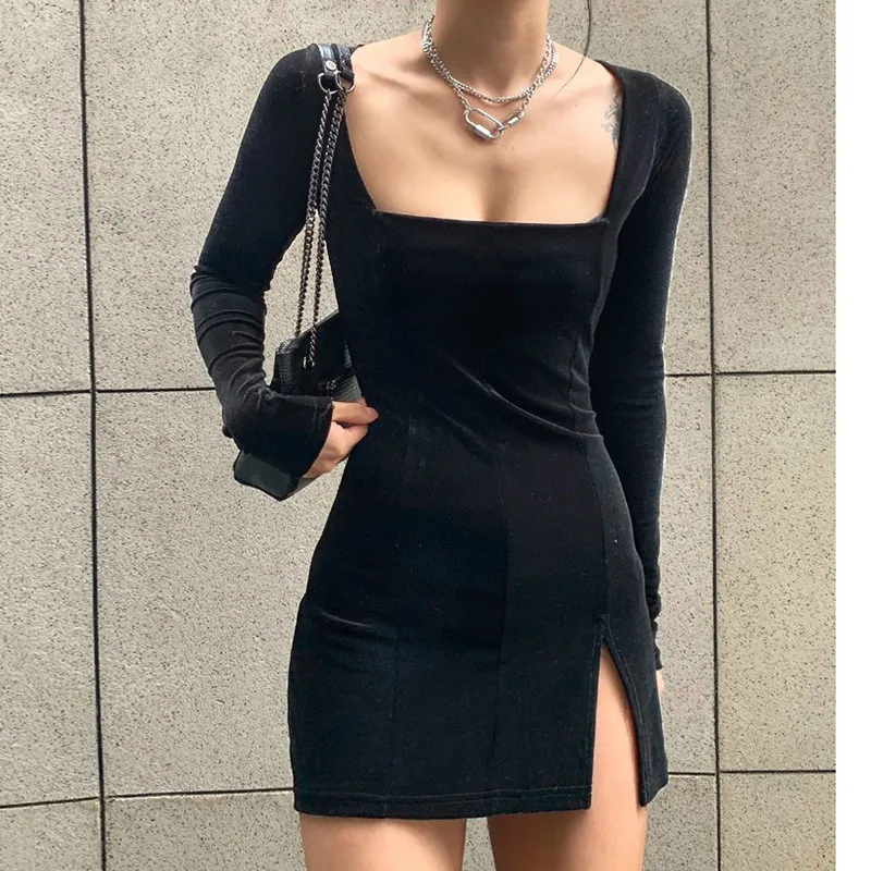 

SUCHCUTE velvet women dress bodycon Modis soild Autumn Winter 2020 elegent split Femme Dresses party long sleeve gothic clothes