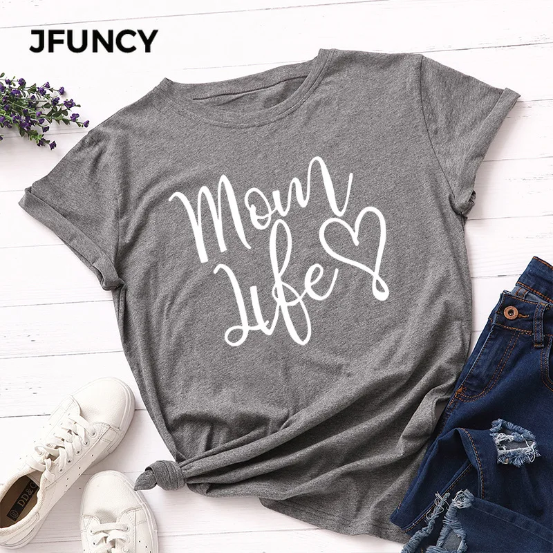 

JFUNCY Plus Size Summer T-shirt Women Cotton T Shirt New Letter Printed Tshirt Short Sleeve Loose Mom Tops Female Tee Shirt