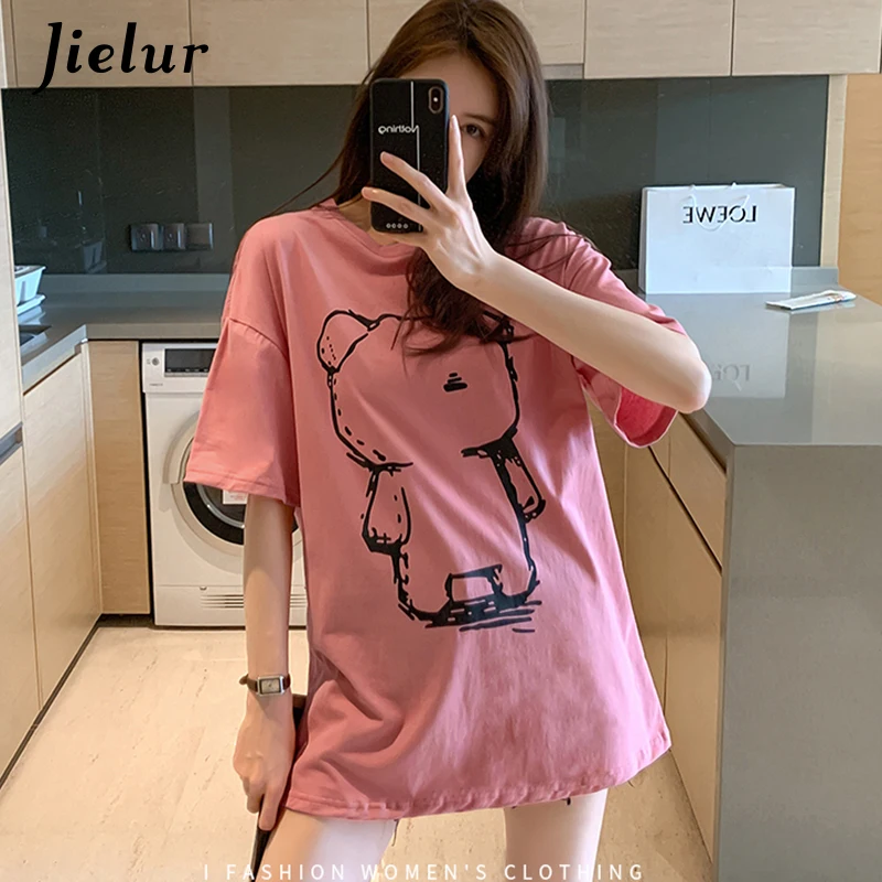 

Jielur New Cute Cartoon Print T-shirts Women Summer Short Sleeve Tee Shirts Casual White Blue Pink M-XXL T-shirts Tops Hipster