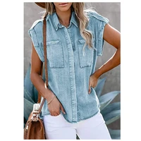 2021 spring and autumn sleeveless vest denim with pocket blue shirt loose sexy top womens lapel cardigan shirt womens