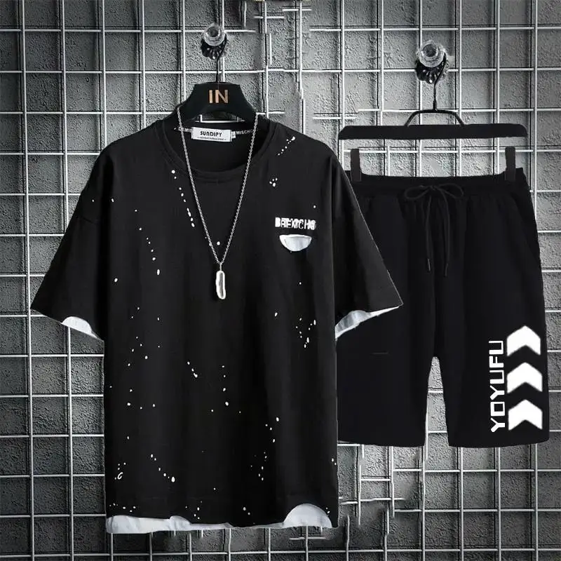 

021 new clothing T-shirt Set Fashion Hip Hop Streetwear printing T Shirts+Sports Shorts men's clothing Casual tracksuit men Set