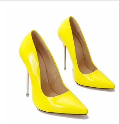 yellow Новинка года; пикантные женские туфли на высоком каблуке туфли на высоком тонком каблуке 13 см с металлическим покрытием женские тонкие туфли с острым носком T-123-5 - Цвет: yellow