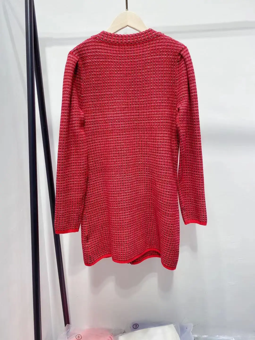 

Women Red Knitted Mini Dress Lady Single-Breasted Slim Vintage Rhinestone Buttons Short Dresses with Pockets 2021 New