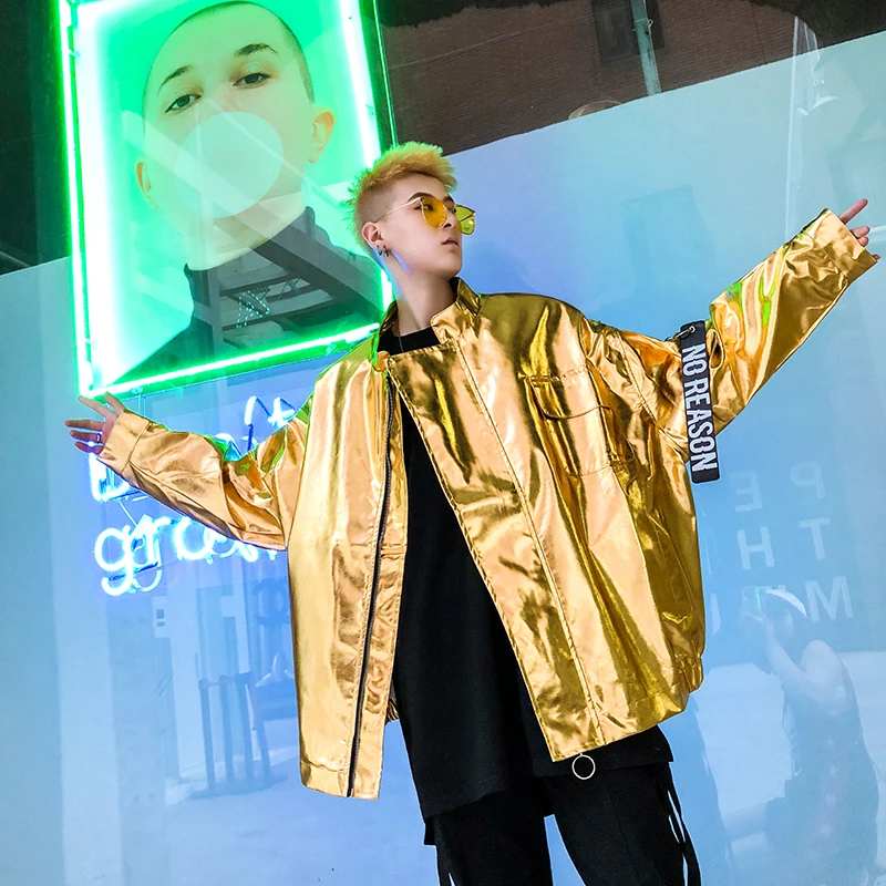

reflective jacket Streetwear Hip Hop jacket Shinning Jacket Men Stand Collar Stage Costume Loose Casual Windbreaker Male