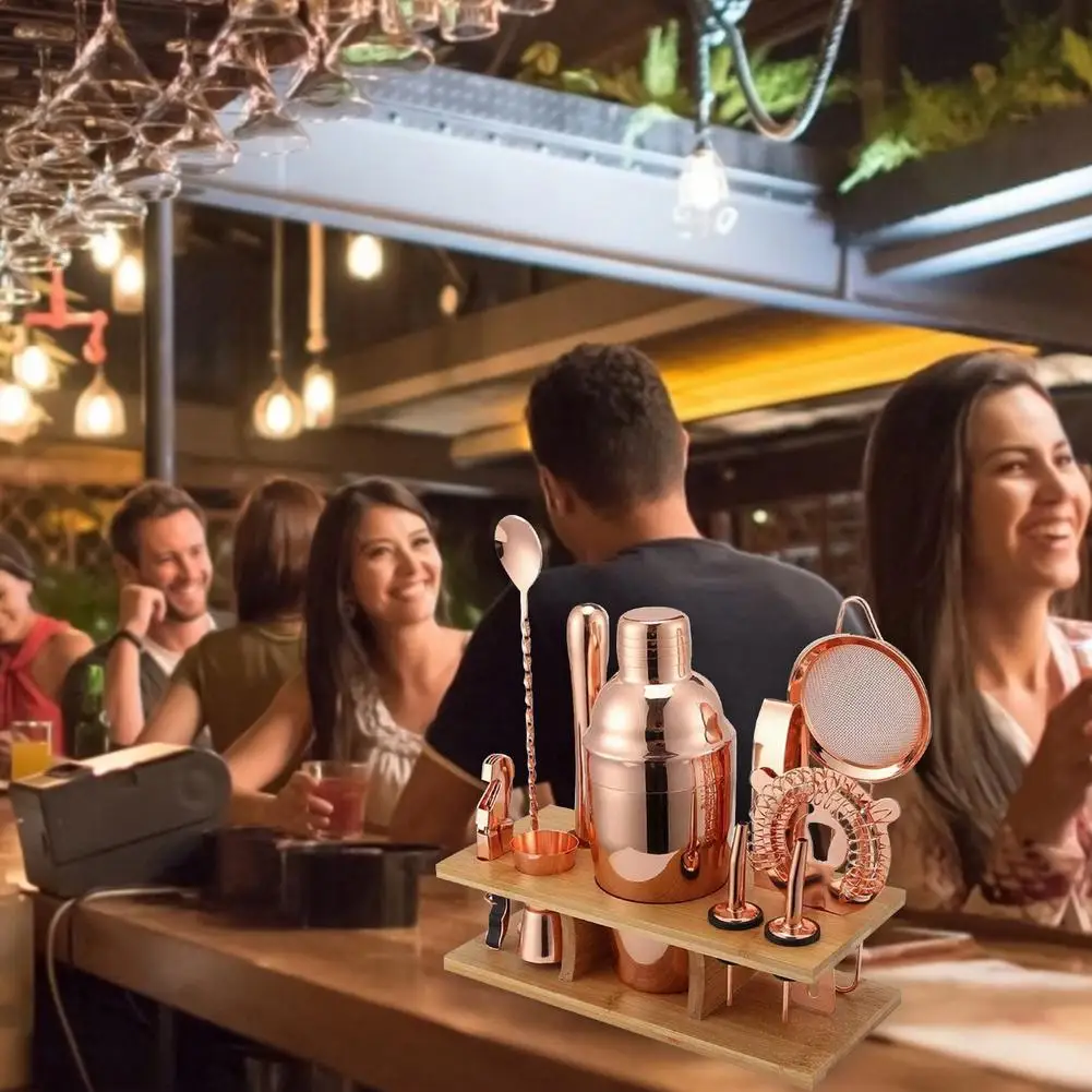 

Rose Gold Stainless Steel Cocktail Shaker Set 11 Piece Set With Wooden Stand Snow Grams Cup Bar Cocktail Shaker Tools