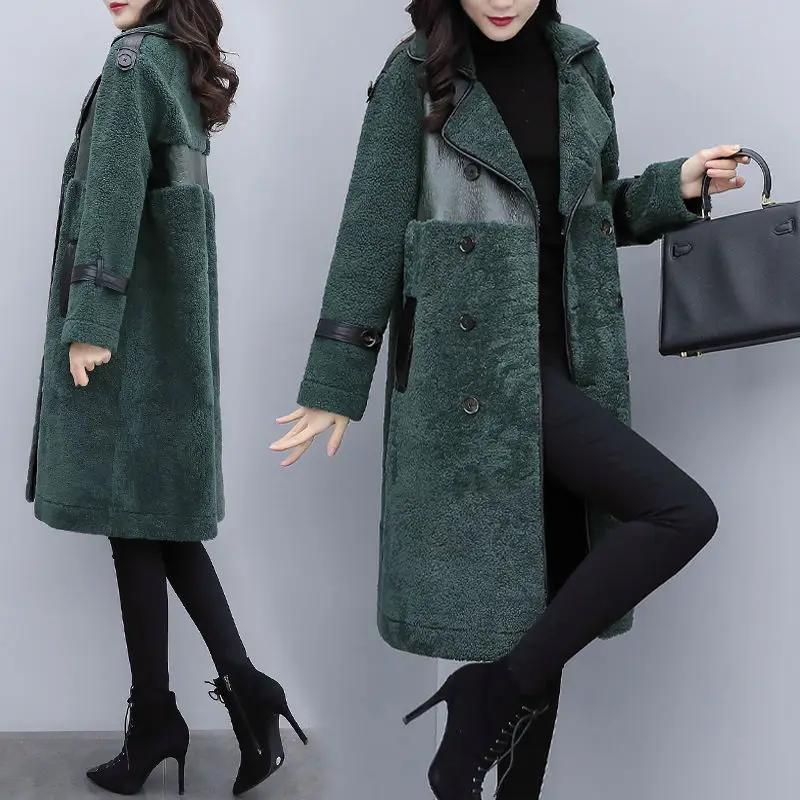 

Women Faux Fur Coat Autumn Winter Jacket New Fashion Casual Warm Coat Lady Plus Size Lamb Wool Green Overcoat Female Windbreaker