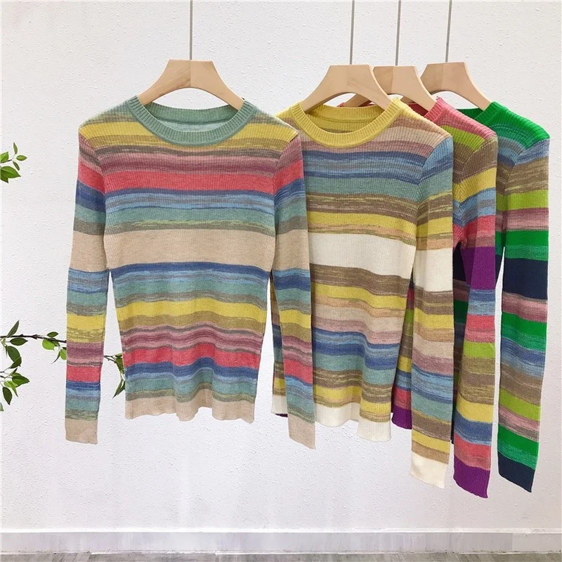 

2021 Cashmere Sweaters Women Pullover Rainbow Striped Knit Tops O-Neck Autumn Winter Fashion Slim Jumper Jersey Japanese Korean