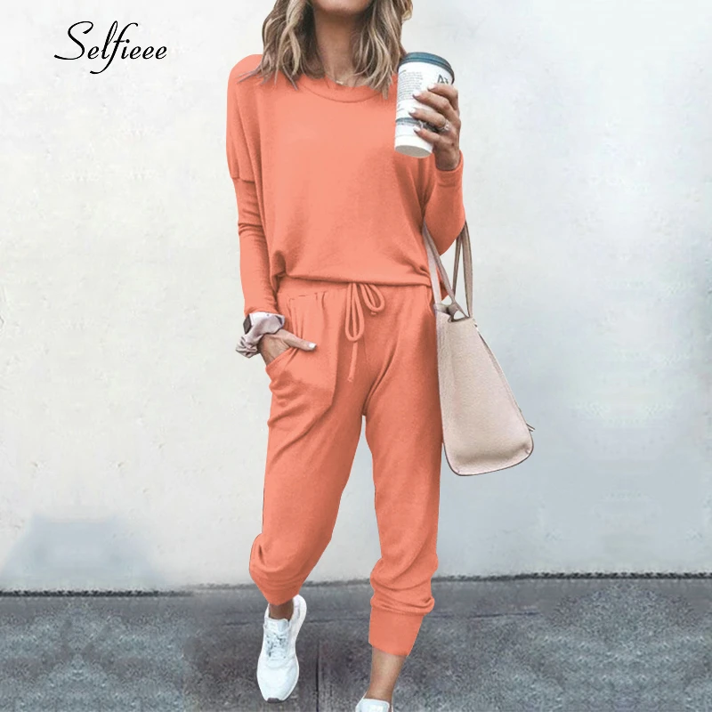 Casual Women 2 Piece Set Women's Sweat Suit Solid Color O-Neck Long Sleeve Drawstring Autumn Winter Stripe Shirt 2020 |