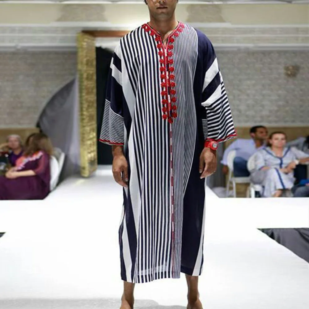 

Men's Clothing Abaya Kaftan Islam Muslim Dresses Long Fashion Stripe Print Patchwork Ethnic Style Djellaba Man Arabic Dress 2021