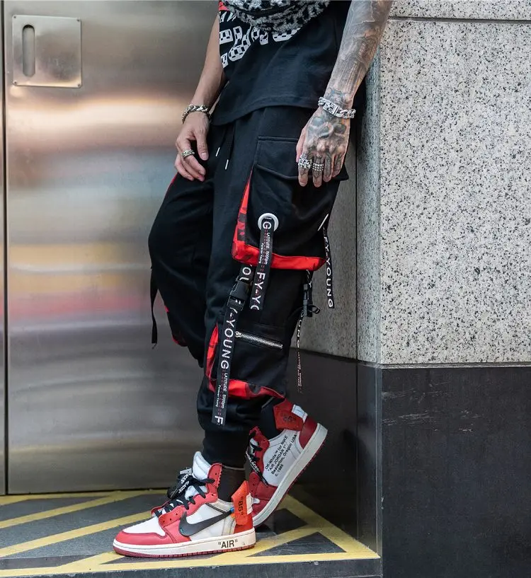 

Letter Ribbons Casual Joggers Hip Hop Cargo Pants For Men Color Pocket Trousers Male Sweatpants Streetwear