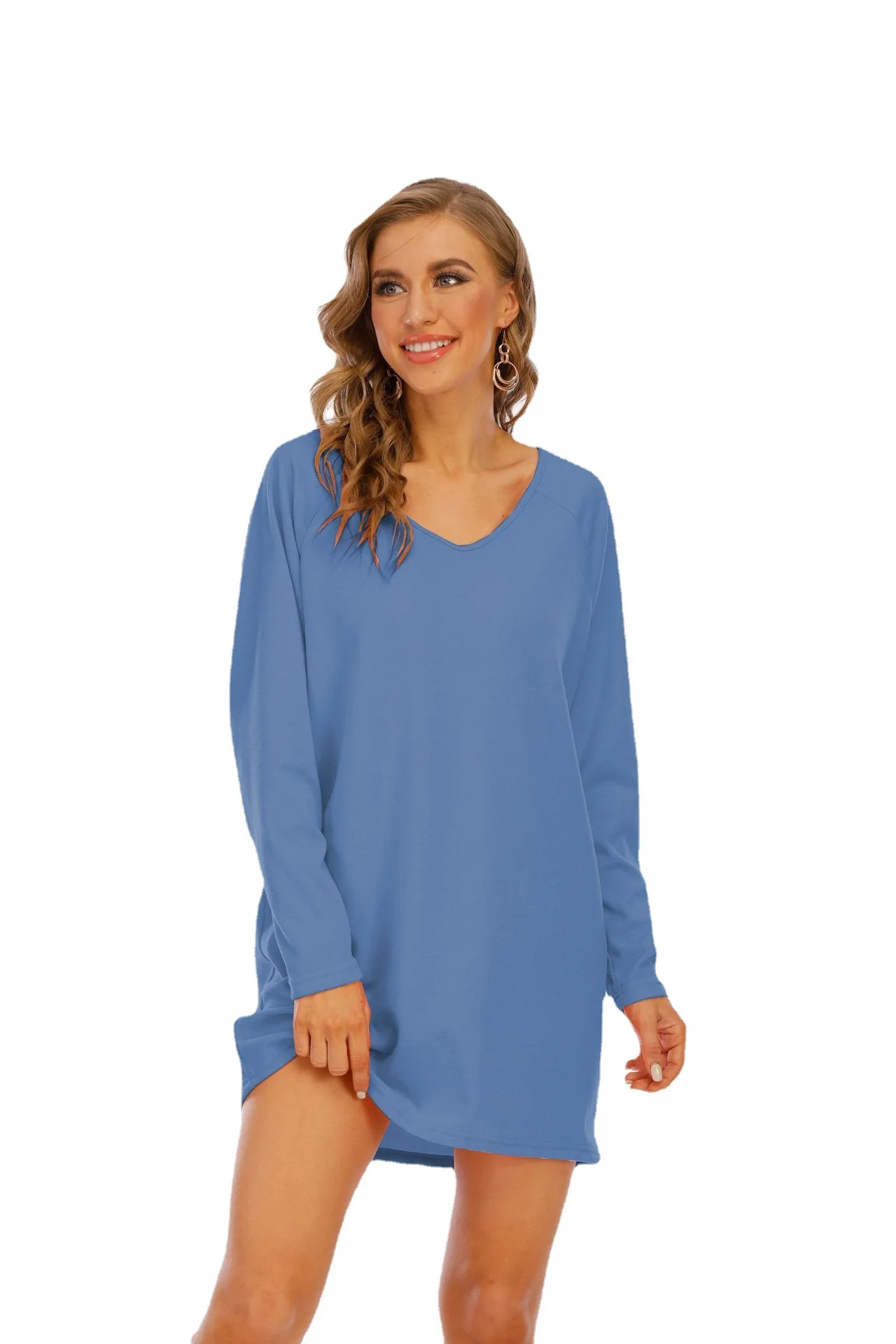 

Fashion New Summer 2021 Casual V-Neck Solid Knitting Long Sleeve Pullover Knee-Length Dresses for Women Donsignet