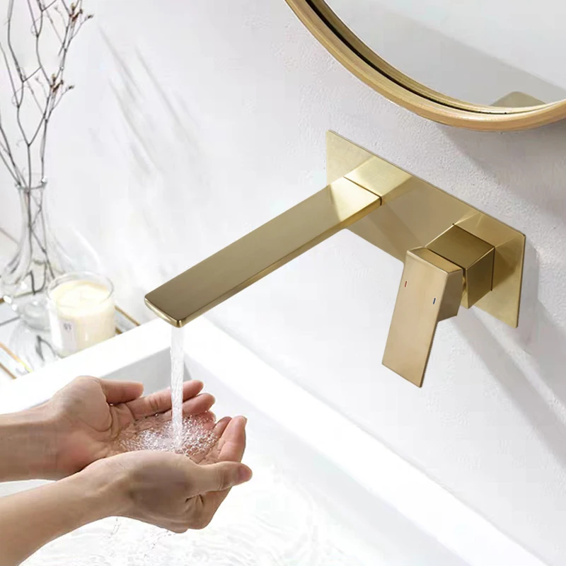 Золотистый смеситель для ванной комнаты настенный горячей и холодной воды