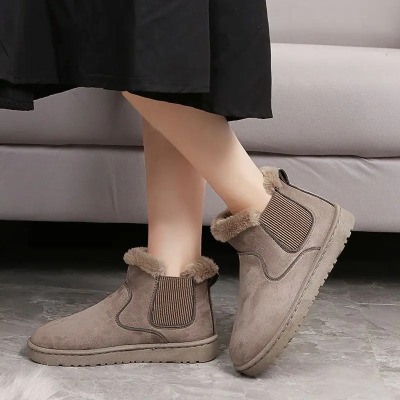 

Winter Women Boots Winter Autumn Keep Warm Slip On Flat Solid Ankle Suede Leather Plush Velvet Snow Female Booties Black Beige