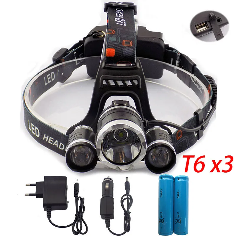 Новый USB Порты и разъёмы фары T6 * 3 светодиодный головной светильник 5000 люмен