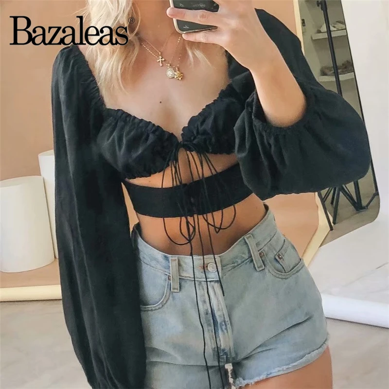 Bazaleas винтажные с длинным рукавом укороченные для женщин blusas белые вырезом mujer de