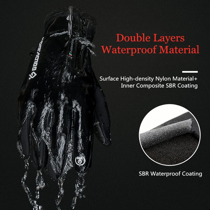 

1* Pairs Unisex Winter Skiing Hiking Gloves Inner Thermal Fleece Outer Waterproof All Fingers Touch Screen Wrist Zipper Opening