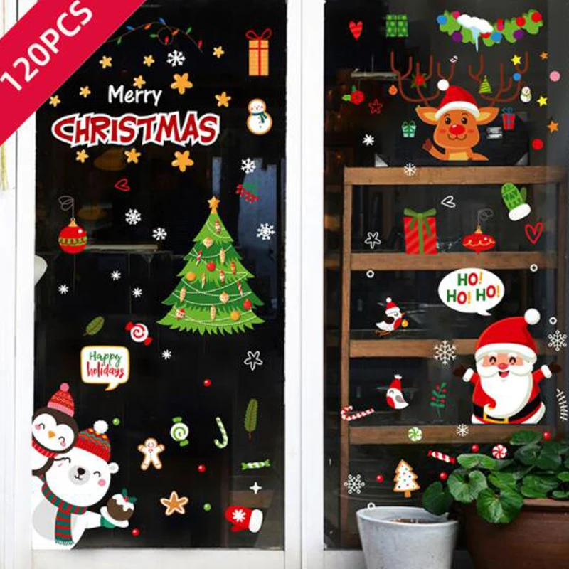 

White Snowman Deer Snow Flakes Pine Tree Window Wall Decoration Stickers 120pcs 9 Sheets Holiday Home Decorative Accesories