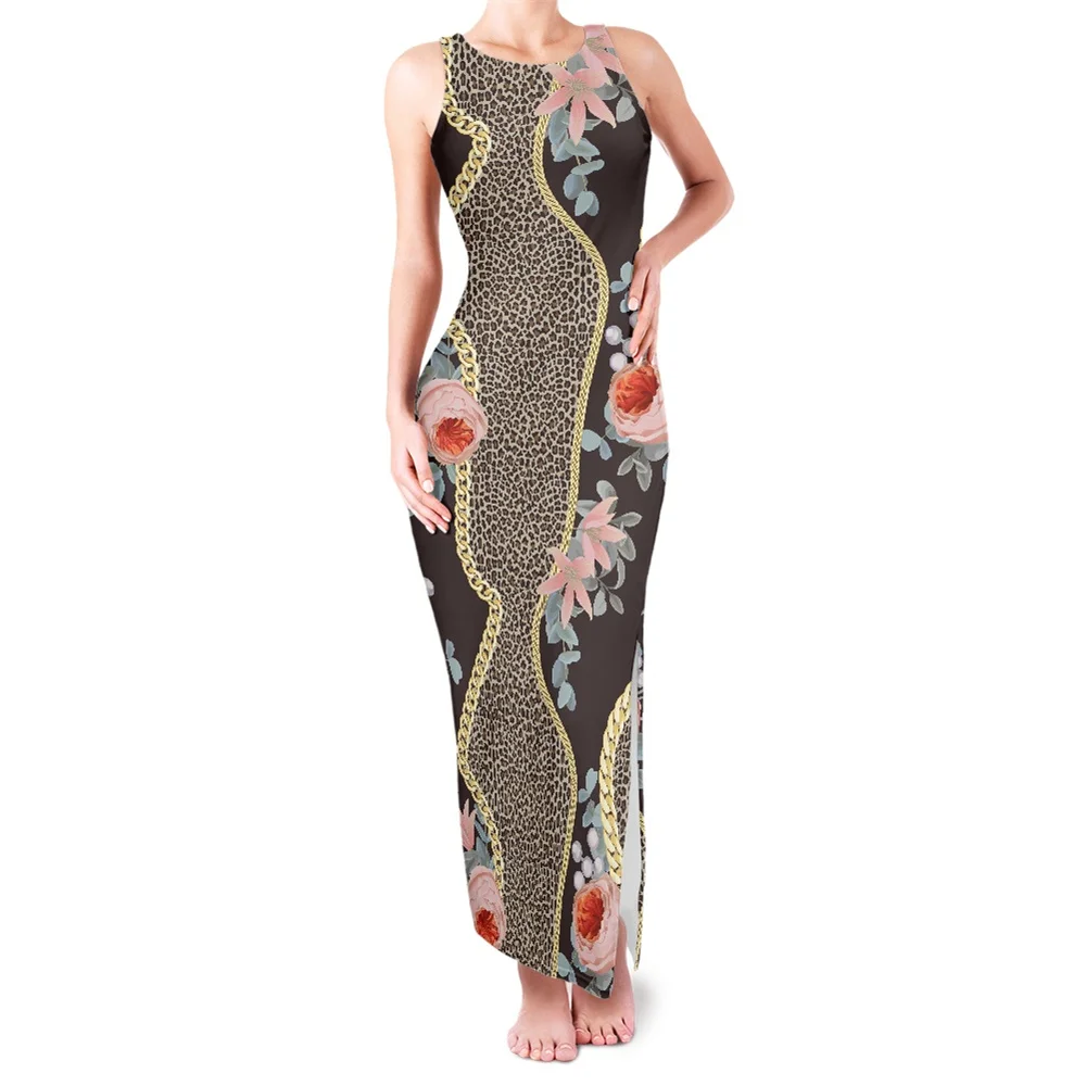 

Golden Chains With Tropical Flowers And Leopard Print Sexy Ladies Split Dress Anti-wrinkle Sleeveless O-neck Ladies Vest Dress