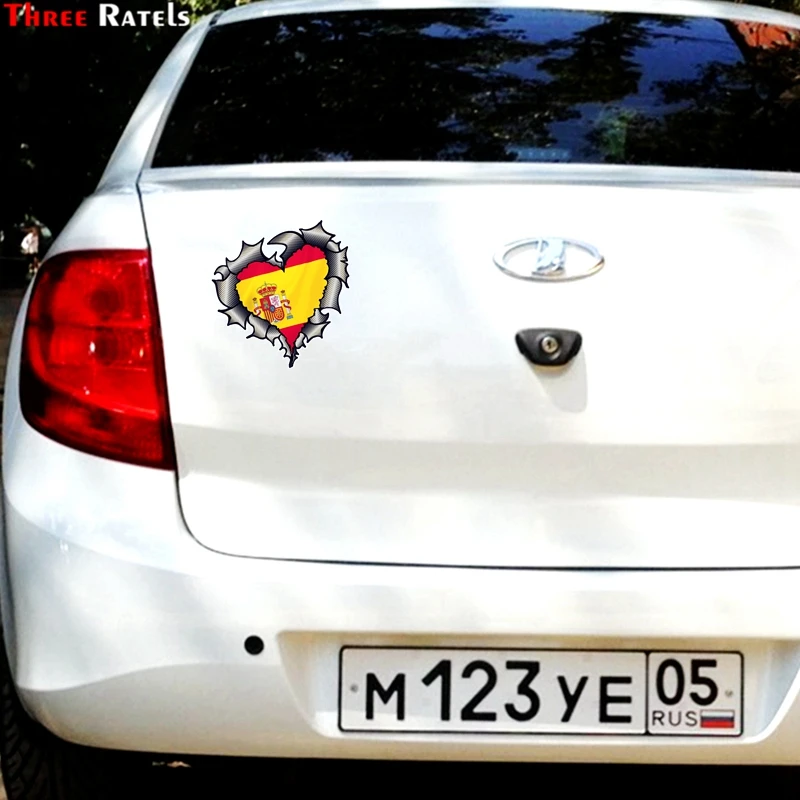 Three Ratels FTC-790# 14X15.1CM Ripped Torn Metal Heart Carbon Fibre with Spain Spanish Flag Motif External Wall Sticker Decal | Дом и сад