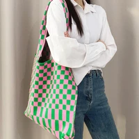 checkerboard plaid women shoulder bag designer large color plaid crochet handbag and purse knitting big tote shopper bags lady