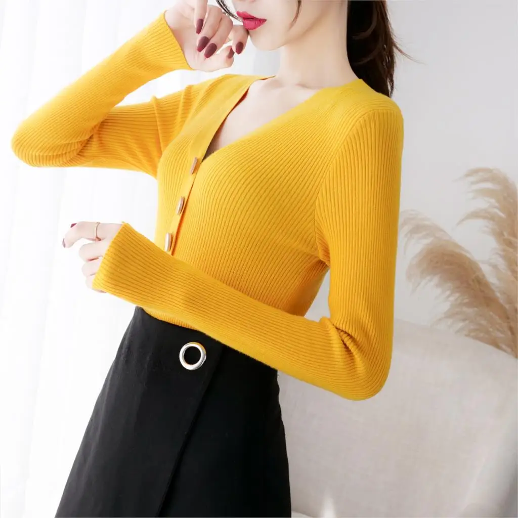 

Women knitted cotton Sweater Autumn and Winter New Bell sleeve VV-neck sweater Pullover Warm Soft Full Sleeve Knit sweater