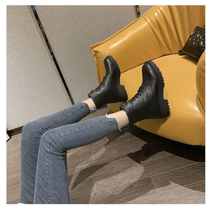

Shoes Woman Martin Boots Women's Autumn Lace Black Versatile Locomotive Chunky-Heel Short Boots Pu High Quality Fashion Luxury