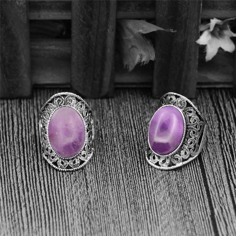 Полые цветок овальный Природный Фиолетовый Камень Кольца для Для женщин Винтаж
