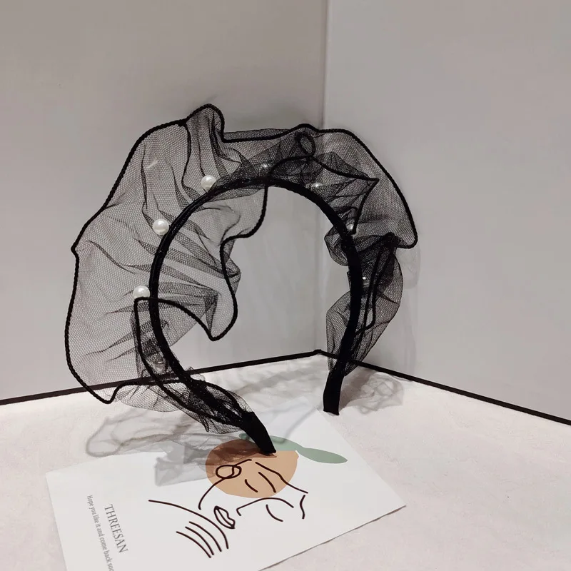 

2021 Fashion Bohemia Hairband Hairpin Headwear Girl Woman Oversized Headband Bezel Solid Color Gauze Pearl Hair Accessories Hot