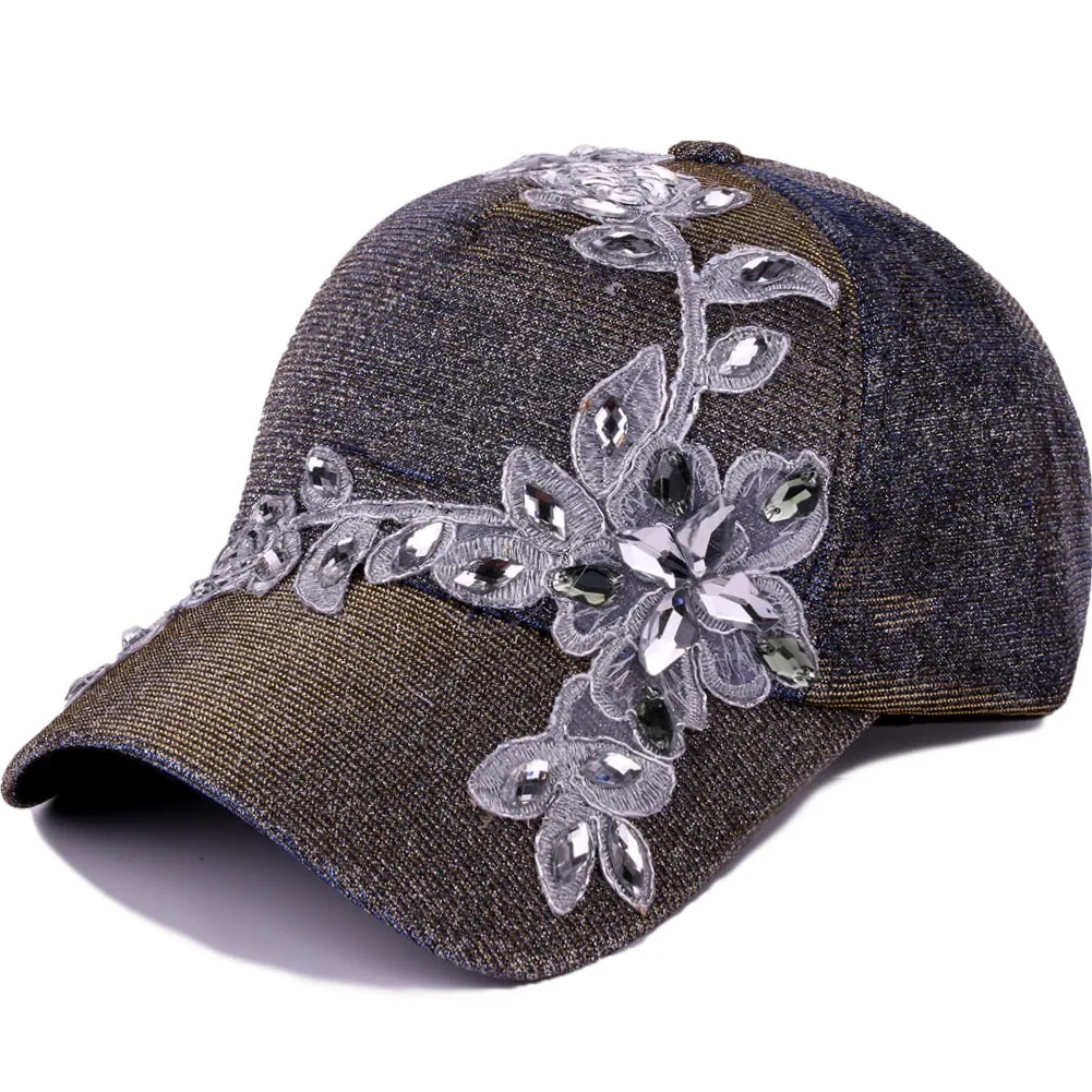 Women Cotton Shny Floral Baseball Cap Ladies Casual Rhinestone Flower Snapback Hat For Female Casquette Embroidery Hip Hop Cap