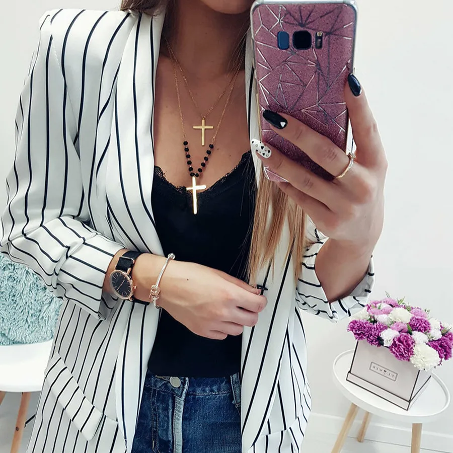 Женский Повседневный Топ с полосатым принтом простой блейзер карманами и