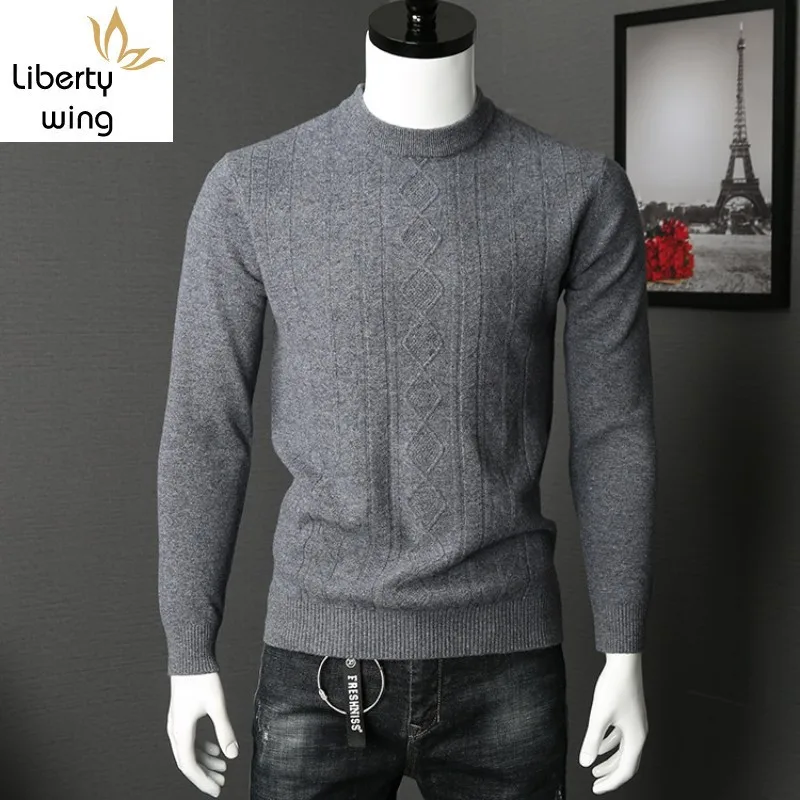 High Quality Men O-Neck Pullover Sweater Solid Color Warm 100% Wool Knit Top Business Man Slim Fit Woolen Knitwear Tops