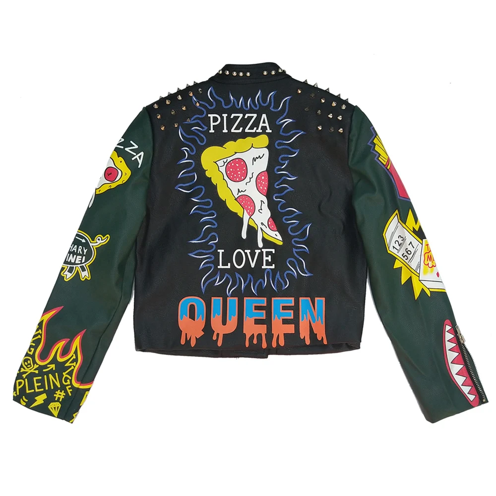 Демисезонная локомотивная зеленая куртка из искусственной кожи с граффити и