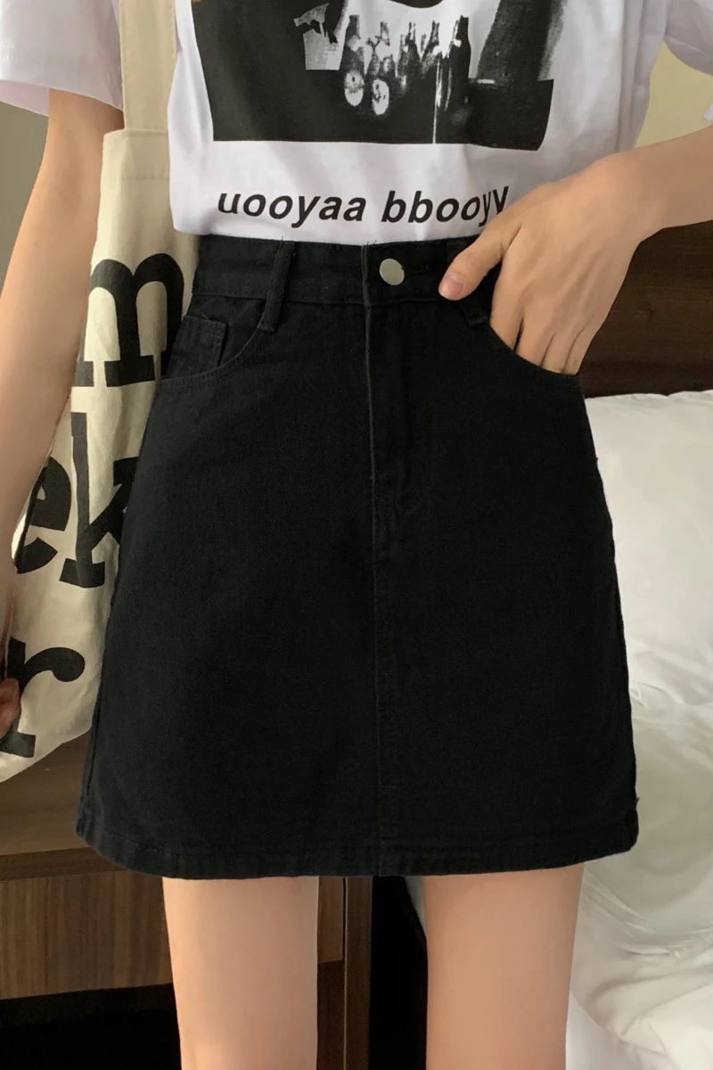 

2021 new slim and versatile A-line bag hip skirt black high waist denim skirt women's spring and autumn short skirt