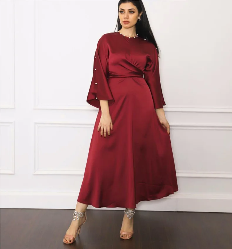 

robe longue femme musulmane Elegant women flare sleeve pearl A-line long maxi dress Fall 2021 pink long dresses for women