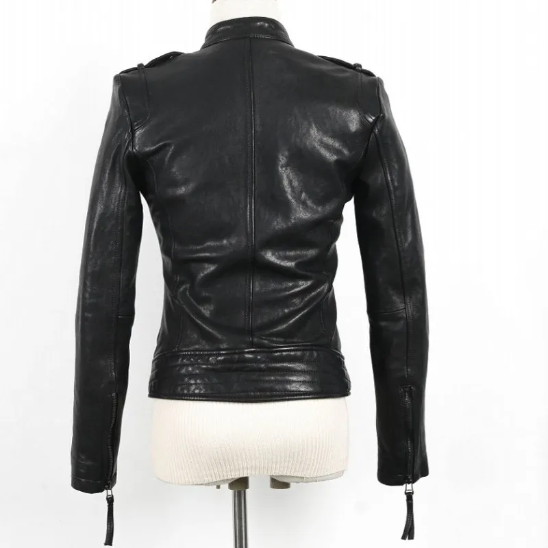

Casual Luxury Short Women Biker 100% Sheepskin Genuine Leather Jacket Army Green Slim Fit Punk Leather Coat Zipper Motor Jackets