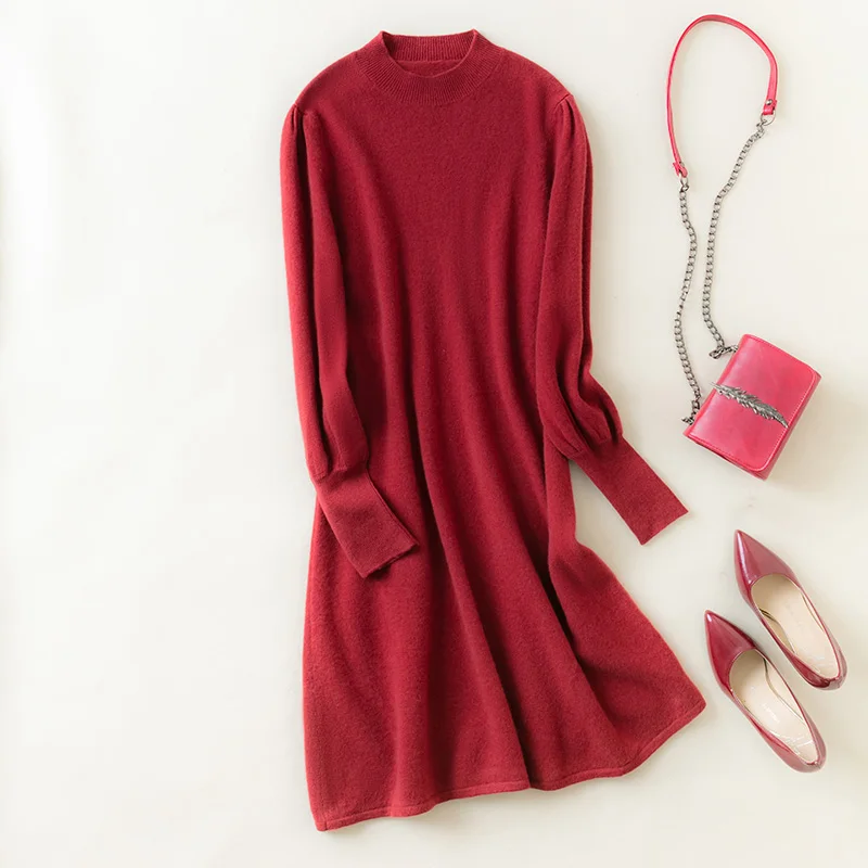 

MeetMetro Women Sweater Dress 100% Merino Wool Pullover Women Fashion Cashmere Long Sweater Long Sleeve Solid Warm Knitted Dress