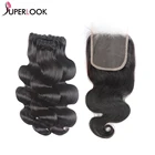 Супер двойные натянутые пряди волос с прозрачной кружевной застежкой, 3 пряди натуральных волос для наращивания, толстые концы