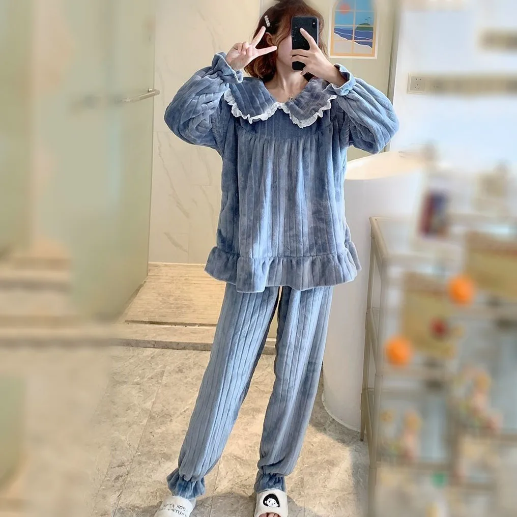 Пижамные комплекты женская зимняя одежда для сна из кораллового флиса теплые