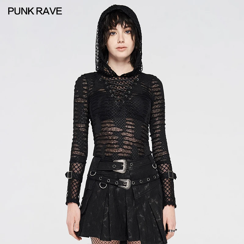 

PUNK RAVE Women's Punk Perspective Hooded Printed T-shirt Visual Effect Sexy Tight Casual Stretch Long Sleeve Knit Mesh Tee Tops