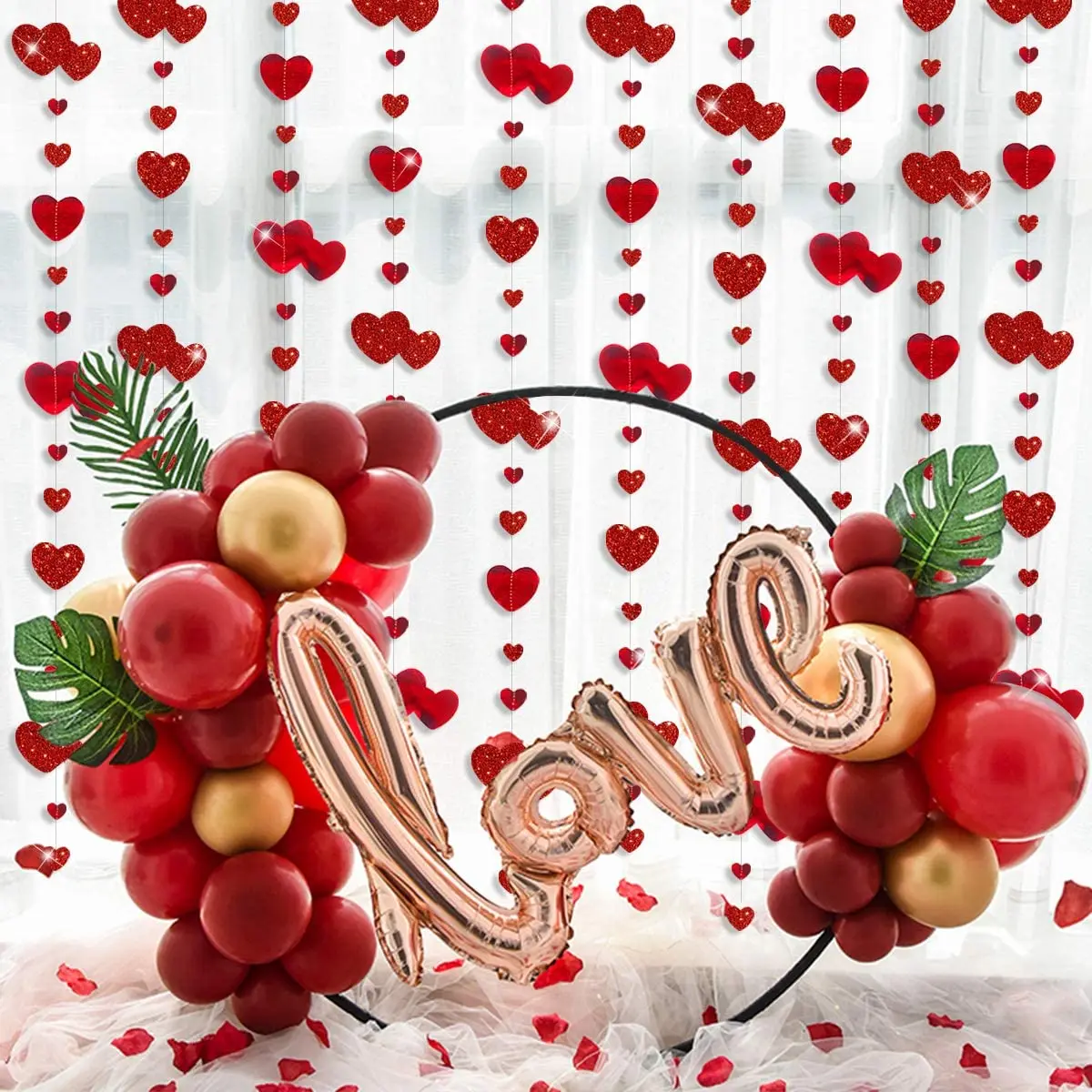 

4M Valentine Party Glitter Red Heart Garland Paper Love Heart Streamer Banner for Mother's Day Bridal Shower Wedding Decorations