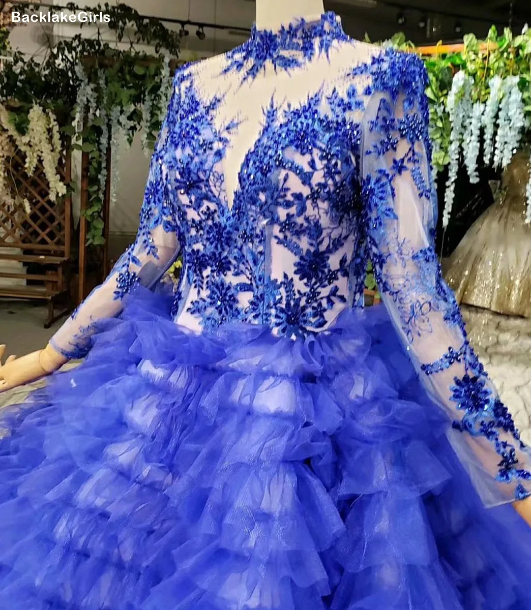 Королевское синее вечернее платье больших размеров длинное фатиновое с рюшами