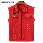 Мужской джинсовый жилет SHIFUREN, однобортная ковбойская куртка без рукавов в стиле панк-рок, с заклепками, красного цвета