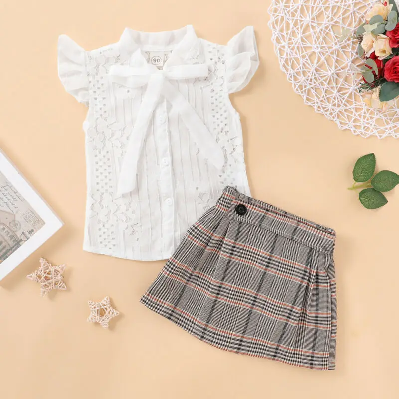 

2020 Summer Baby Girls Outfits Toddler Baby Girl Plaid pleated skirt Set White Lace Shirt bowknot Tops + Skirt 2PCS Clothes 1-6Y