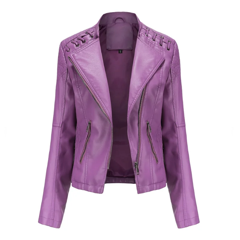 

High Quality 2021 Spring Winter Female Black PU Leather Loose Turn-down Collar Zipper Fashion New Women's Wild locomotive Jacket