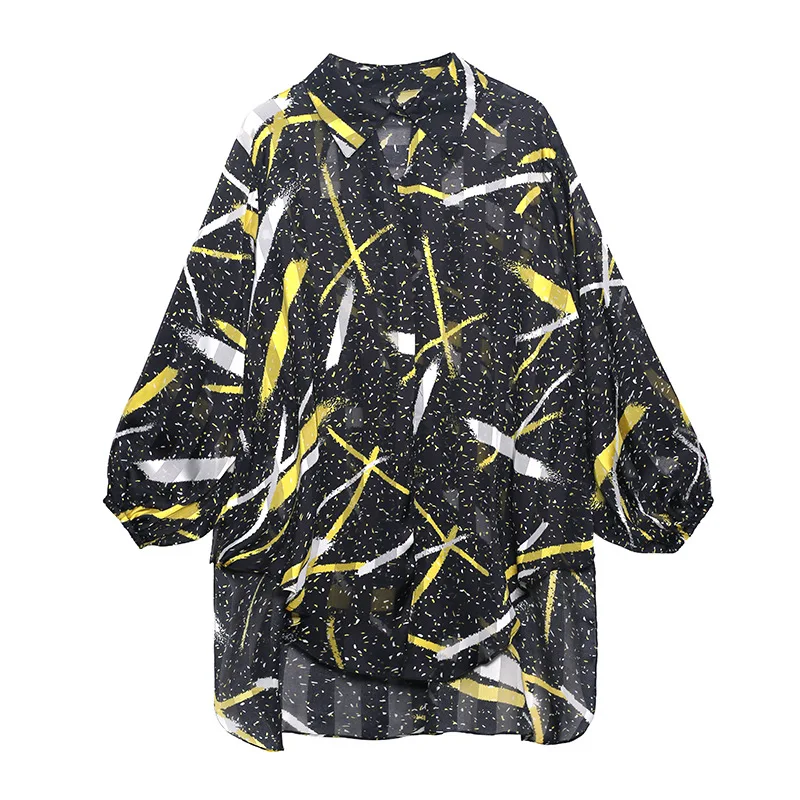 

2021 Spring Shirt Letters Print Trendy Girls Street Casual Tops Leopard Asymmetrical Sun Proof Slit Chiffon Blouse Women Mujer