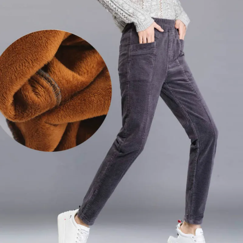 

Women Elastic High Waist Autumn Winter Harem Pants Women Warm Cotton Casual Trousers Plus Velvet Lambs Wool Corduroy Pants HK230