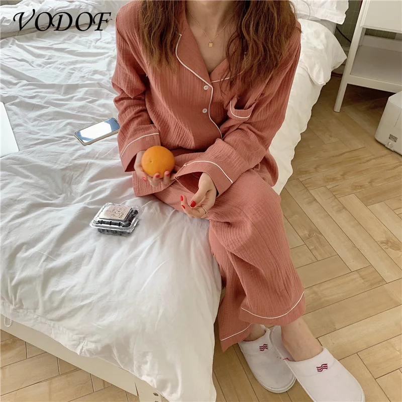 VODOF New Style Ladies Cotton Long-sleeved Trousers Pajamas Suit Cute Home Service Suit Women