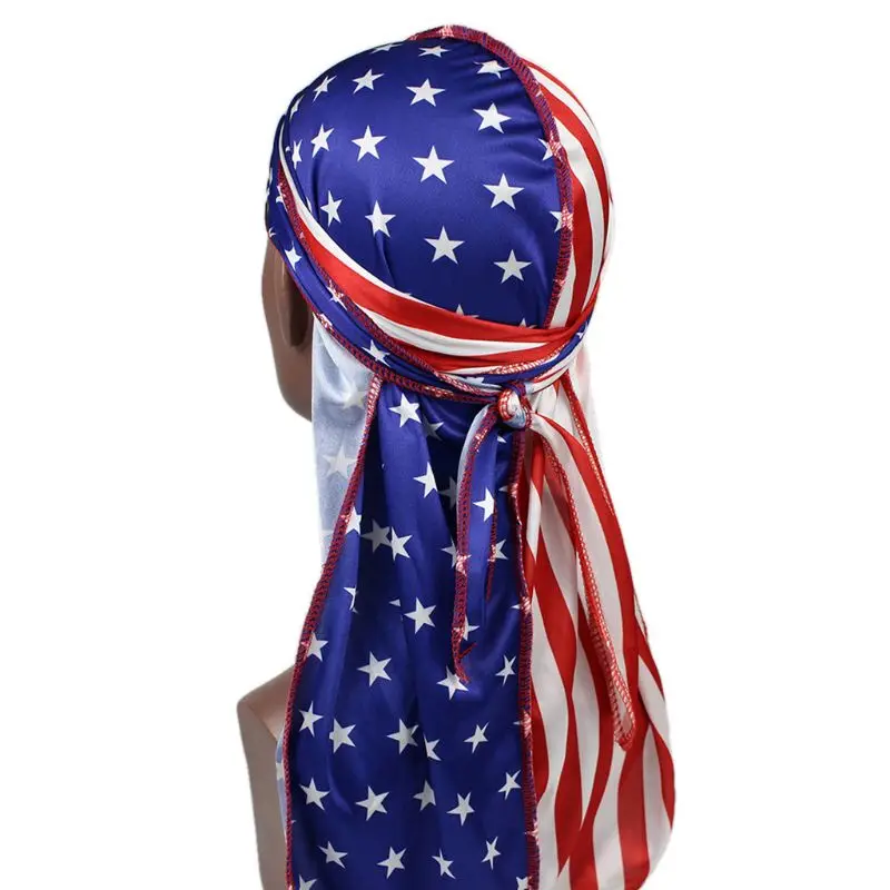 

Men Women Imitation Silk Satin Durags Funny Dollar American US Flag Print Bonnet Hat Hip Hop Motorcycle Pirate Skull Cap Head Wr